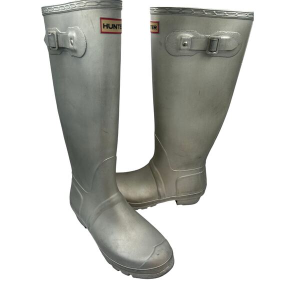 Hunter Original Sz 10 Silver Rubber Pull On Buckle Womens Riding Rain Boots - Picture 1 of 8